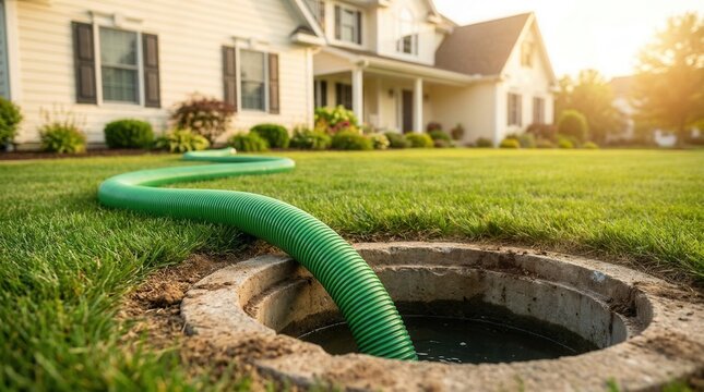 Professional drainage and sewer cleaning service with a green corrugated hose in a manhole.