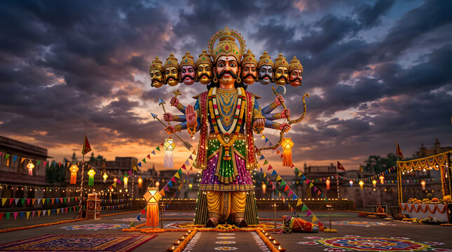 Ravana effigy at sunset for Dussehra festival celebration outdoors.