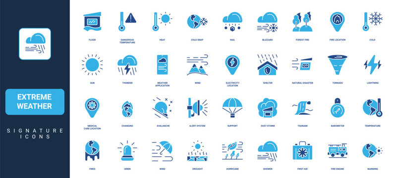 Extreme weather, severe wind and snow of storm, cold and heat, nature disaster and crisis location glyph icon set. Emergency siren and shelter, tornado solid vector illustration