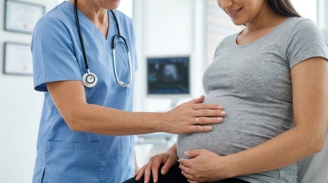 Medical professional offering prenatal care and education during a maternity support consultation.