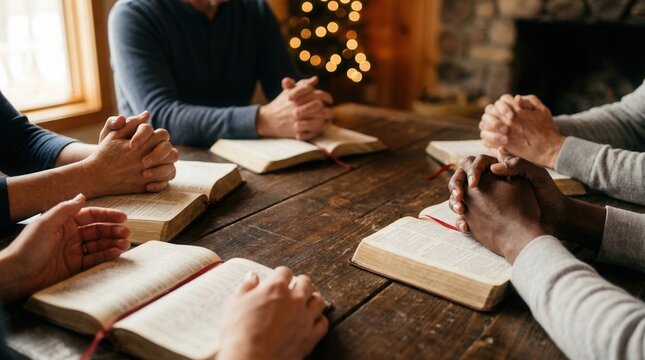 A close-up of hands in prayer and open Bibles for a religious Christian devotional study.