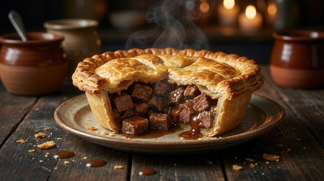 Steaming hot meat pie with golden pastry and chunks of beef in rich sauce.