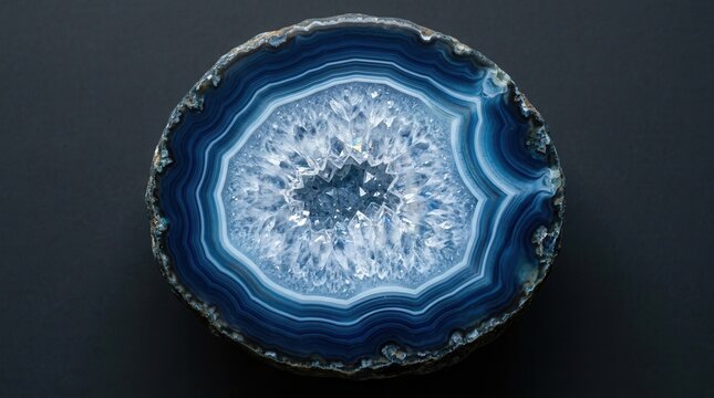 Geological wonder of a blue and white agate geode with detailed crystal formations.