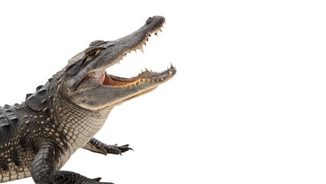 Fierce wild alligator or crocodile mouth wide open showing sharp teeth isolated on transparent background