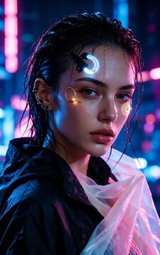 Portrait of a cyberpunk character with glowing neon eye implants in a futuristic urban night scene