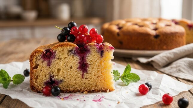 Sweet berry cake featuring red and black currants, perfect for recipe inspiration.