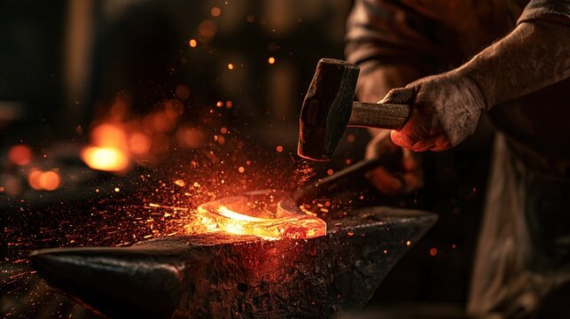 Glowing iron and sparks on anvil, horseshoe forming, dramatic lighting in dark smithy