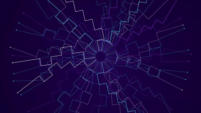 Glowing neon lines form a geometric circular structure with radiating nodes on a deep purple surface