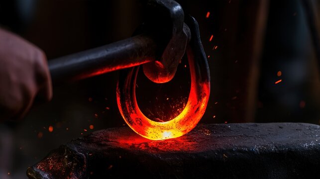 Glowing iron bar hammered on anvil into horseshoe, sparks flying, dark workshop, traditional blacksmithing