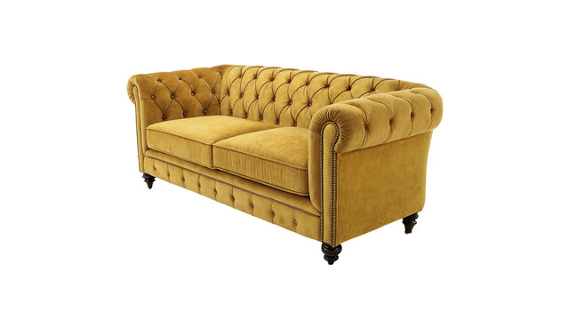 Luxury modern yellow tufted velvet chesterfield sofa couch isolated on transparent background