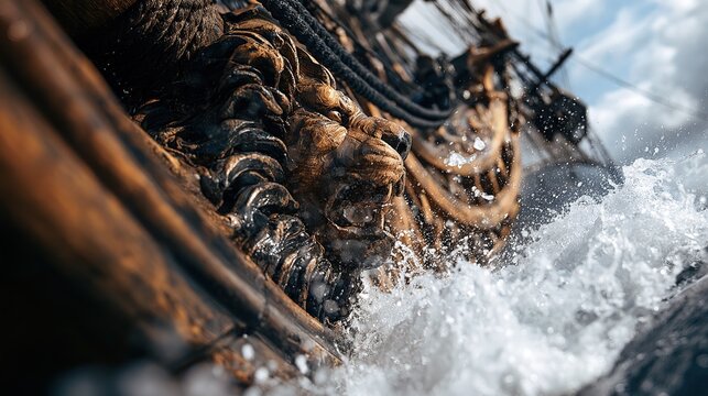 Majestic lion figurehead on prow, weathered wood, low-angle impact for luxury branding