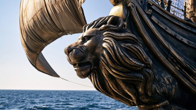 Lion figurehead braving waves, low angle, weathered wood, ocean power for maritime documentaries