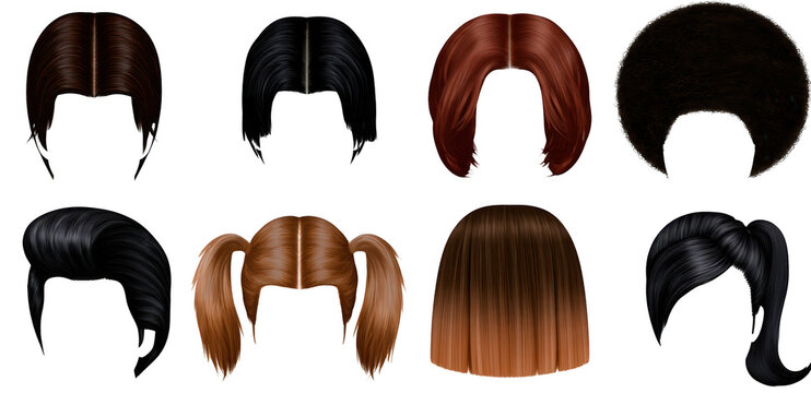 Set of eight different hair wig templates and hairstyles isolated on white background