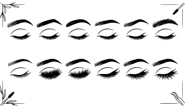 Set of closed eyes with various eyebrow shapes and eyelash extensions for beauty and makeup training beauty salon lash artist eyebrow design beauty chart permanent makeup