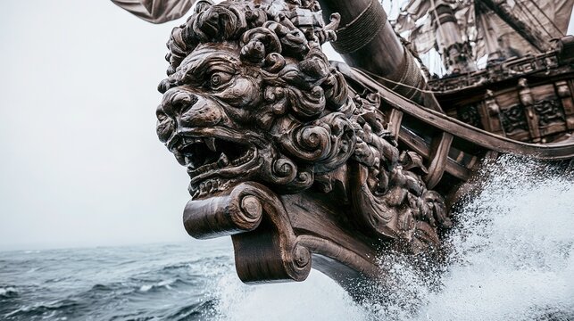 Ornate wooden lion figurehead on tall ship prow, weathered texture, dramatic low angle, maritime history