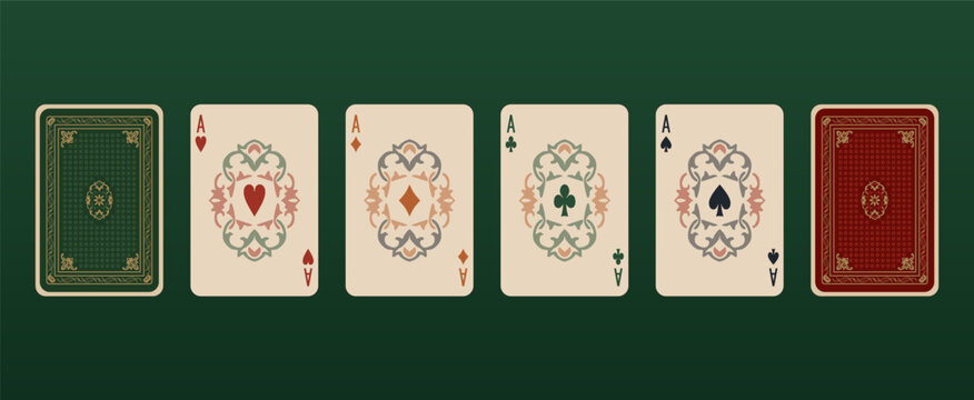 Four Aces, suits of Hearts, Spades, Clubs, Diamonds. Face and back side. Playing Poker cards set. Classic design. Printable vector gambling cards isolated on background. Cozy color palette