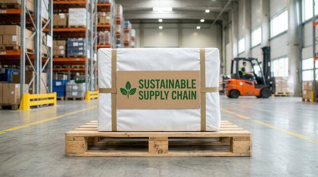 A large shipping package with a sustainable supply chain logo sitting on a wooden pallet in a warehouse.