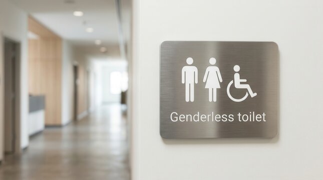 Contemporary hallway with a genderless toilet sign featuring male, female, and disability icons.