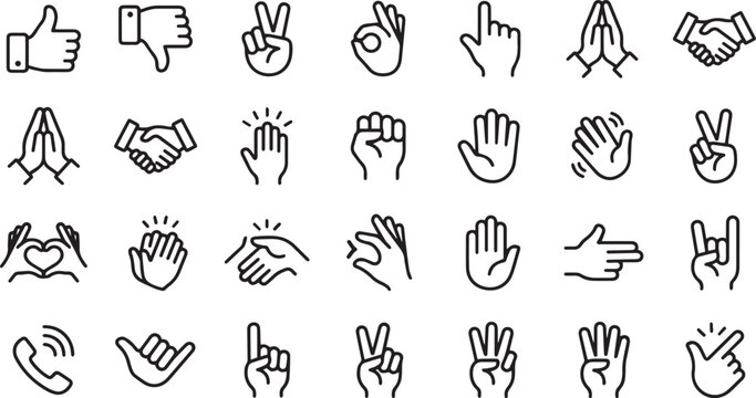 Hand gesture icons set displaying nonverbal communication signals, counting fingers, and body language symbols.