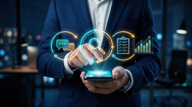 Man using a smartphone for business process improvement and feedback loop strategy optimization.