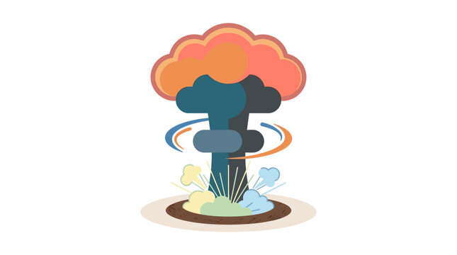 Flat vector nuclear explosion displays a large billowing mushroom cloud with dynamic shockwave rings.