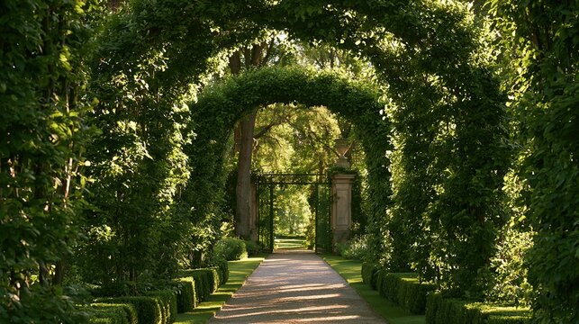 Historic estate entrance with privet tunnel, dappled light on gravel, ideal for garden design or English style