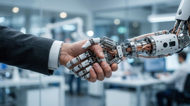 A collaborative viewpoint of digital transformation showing a human and robot handshake.