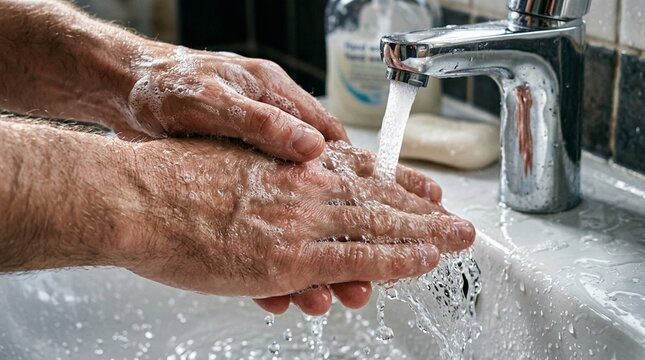 Man washing hands with soap and running water, hygiene concept close-up