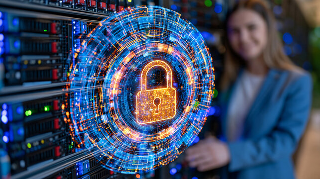 Close up of encrypted server racks inside a high security cloud data center, glowing padlock icon integrated with digital network connections, data protection and information security concept, advan