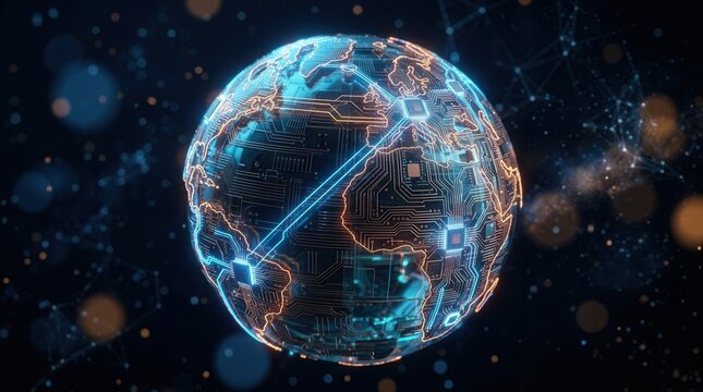 Glowing circuit board globe with neon constellations connecting continents in deep space.