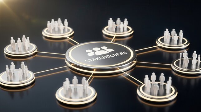 Concept of stakeholder management featuring a central hub linked to multiple professional groups.