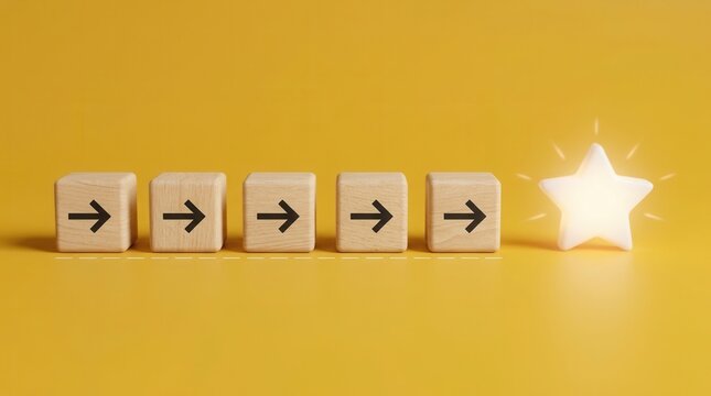 Business goal achievement concept showing progression blocks and a glowing star icon.