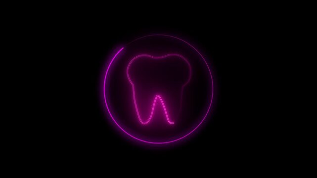Glowing Purple Neon Tooth Icon with Circular Line Frame Motion Graphic on Black Background for Dental Care Clinic, Tooth Protection Concept, Stomatology Symbol, Video Overlay, and Motion Asset.