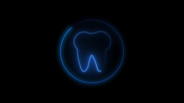 Glowing Blue Neon Tooth Icon with Circular Line Frame Motion Graphic on Black Background for Dental Care Clinic, Tooth Protection Concept, Stomatology Symbol, Video Overlay, and Motion Asset.