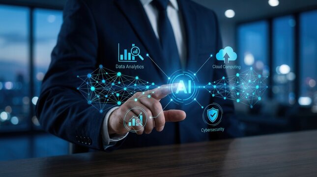 Futuristic digital dashboard showing a businessman activating a centralized artificial intelligence network hub.