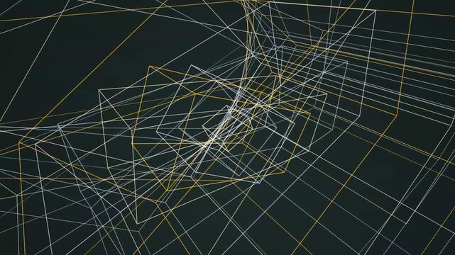 Intersecting gold and white geometric wireframe lines forming complex three dimensional cubes in deep space