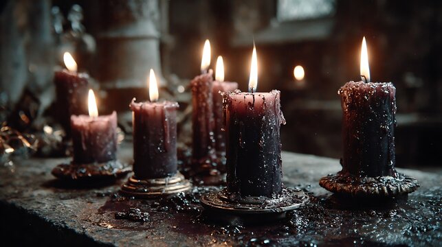 Start with what you have mindset group of dark purple wax candles burning on rustic stone surface with dripping wax and warm flickering flames