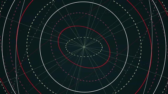 Intricate rotating circular lines forming complex orbital patterns for scientific data visualization and technological motion graphics