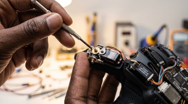 Skilled technician repairs intricate electronic device with precision tools