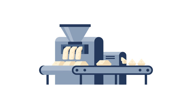 Industrial automated food production machine with conveyor belt conveying triangular snack portions in a clean factory environment.