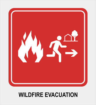 Wildfire evacuation sign featuring white silhouettes of a large fire flame and a person running away from a house on a red square backdrop