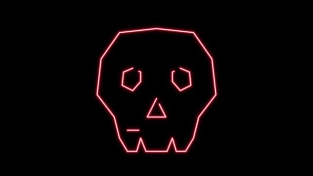 Glowing red neon skull outline with flicker halloween horror geometric frame on black background loop 4k UHD seamless motion