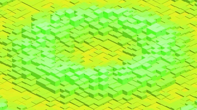 Green and Yellow Isometric Blocks Creating a Dynamic Ripple Wave Pattern in 3D Motion