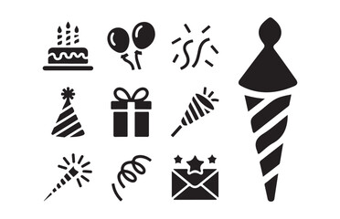 Fototapeta premium Party event icon set featuring black flat symbols for birthday planning and digital design.