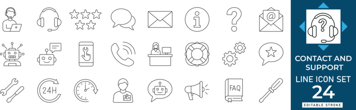 Contact and support line icon set featuring information email feedback and chat. Professional editable stroke vector illustration for modern UI UX web design projects