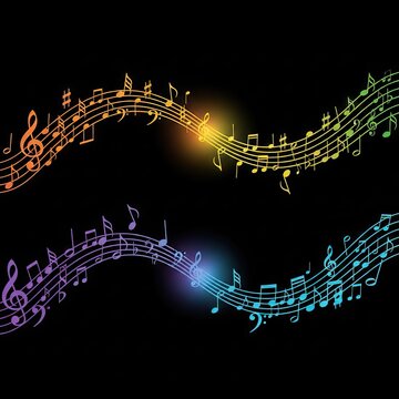 Colorful musical notes flowing on black background
