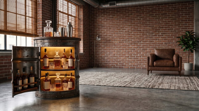 Luxury industrial steel barrel home bar cabinet with LED lighting.