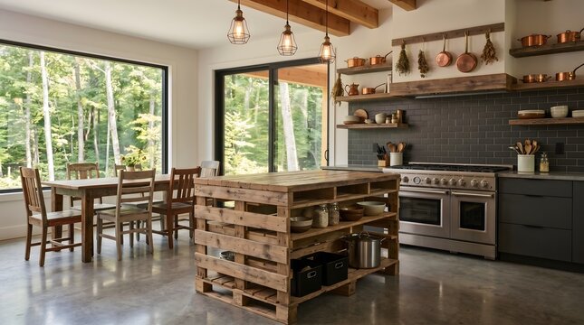 Rustic industrial kitchen island repurposed from wooden pallets.