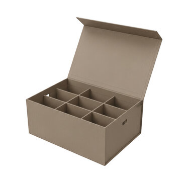 Open cardboard box with twelve small packaged items isolated on transparent background