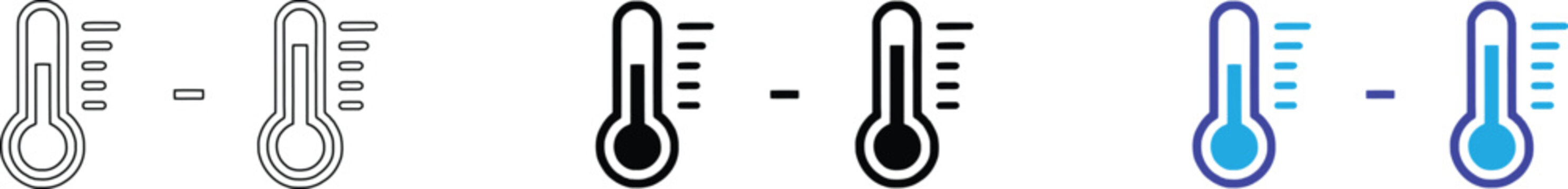 Three thermometer showing temperature levels in outline, solid black, and blue color styles for weather and climate monitoring systems